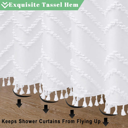 Boho Shower Curtain, White Fabric Cloth Shower Curtains Farmhouse Tufted Chevron Striped Textured with Tassel for Bathroom, Soft Hotel Style Modern Minimalist, Machine Washable, 72X72, White