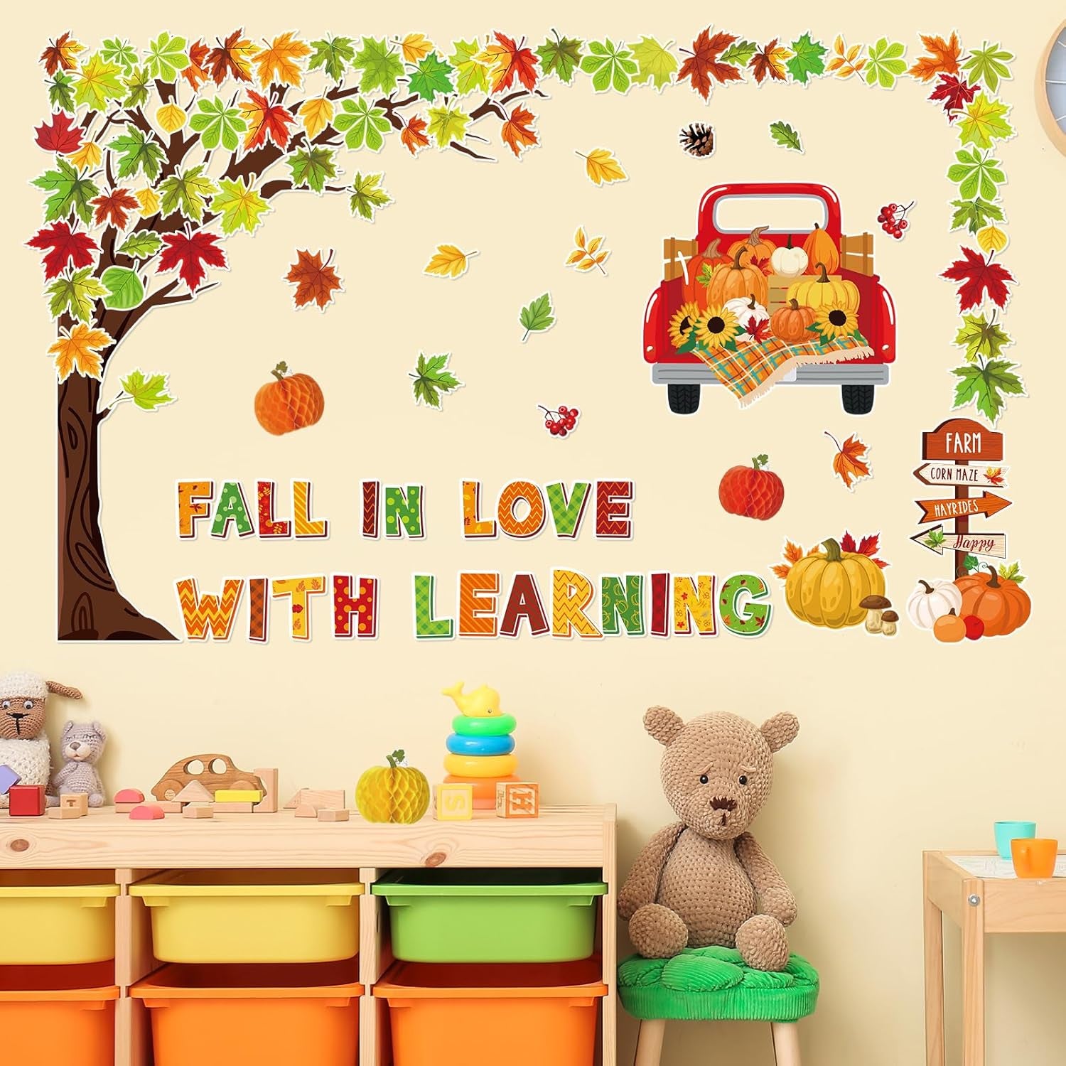 89Pcs Fall in Love with Learning Bulletin Board Decorations Set Fall Tree Pumpkin Maple Leaves Cutouts with Glue Points for Thanksgiving Autumn Home School Classroom Wall Chalkboard Decor