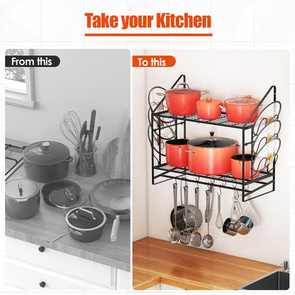 Pot Rack Wall Mounted - Double Layer Hanging Pot and Pan Rack for Kitchen with 12 Hooks as Pot and Pan Organizer, Includes 6 Lid Holders for Pot Hanger Storage, Length 33.46", Spacing 13.39"