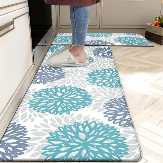 Teal Kitchen Mats Set of 2 Cushioned anti Fatigue Kitchen Rugs Non Slip Waterproof Runner Memory Foam Kitchen Floor Mat Comfort Standing Mat for Sink,Office,Laundry