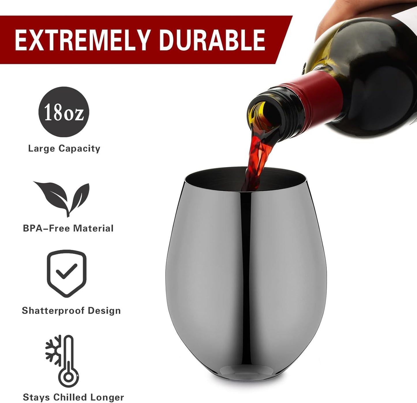 Black Stainless Steel Wine Glasses Set of 4, 18Oz Unbreakable Stemless Metal Wine Glass for Outdoor, Travel, Camping, Pool