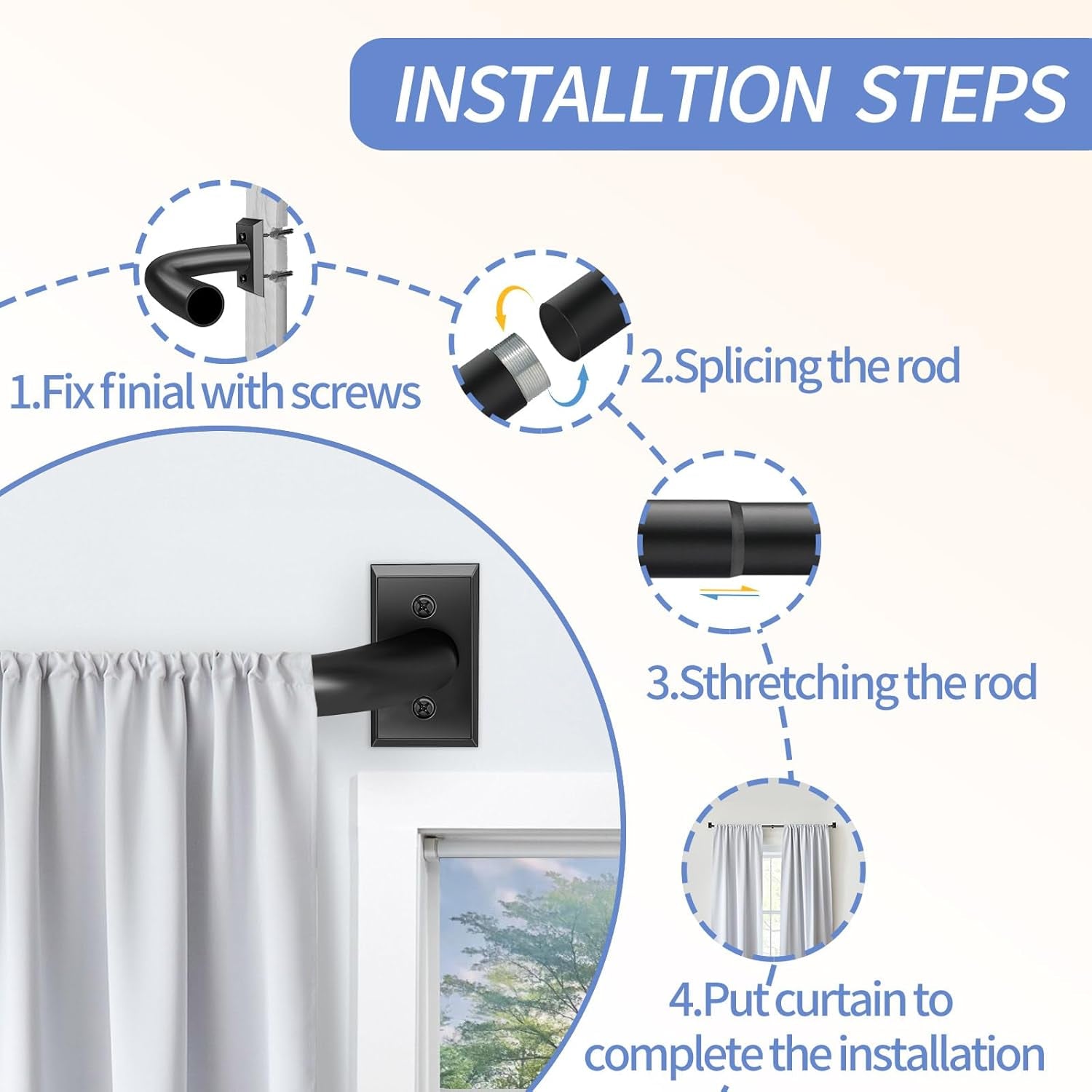 Blackout Curtain Rod for Windows 28 to 48 Inches, Wrap around Heavy Duty Rod for Darkening, Modern Decorative Curtain Treatment, Matte Black