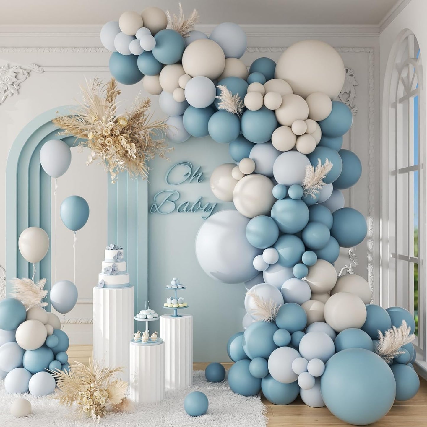 141Pcs Dusty Blue Balloons, Dusty Blue Balloon Arch Kit with White Sand Balloons for Gender Reveal Baby Shower Birthday Party Decorations