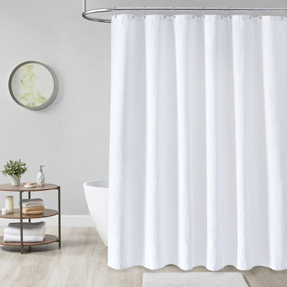 White Fabric Shower Curtain， Waffle Weave Heavy Duty Hotel Luxury Cloth Shower Curtains for Bathroom, 72 Inch 256GSM Weighted Bath Curtain Set with 12 Plastic Hooks,72X72