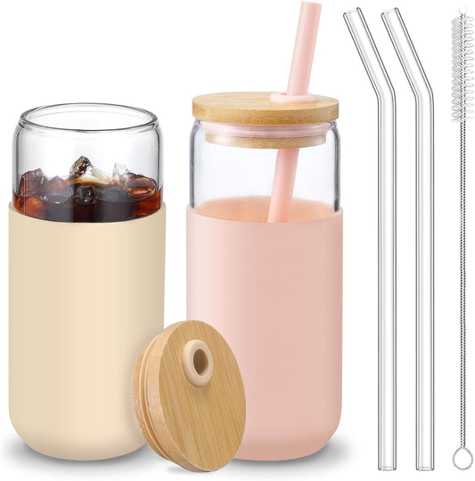 20 OZ Glass Cups with Bamboo Lids and Straws - Beer Can Drinking Glasses with Silicone Protective Sleeve Set, Iced Coffee Glasses, Cute Tumbler Cup for Water, Tea, Gift - Pink, Amber