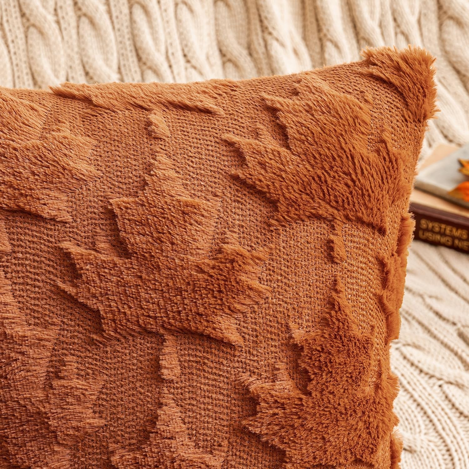 Fall Autumn Throw Pillow Covers 18X18 Rust Set of 2 Thanksgiving Decorative Solid Maple Leaf Pattern Accent Pillow Covers Soft Plush Faux Wool for Home Decor Holiday Outdoor Porch Bedroom