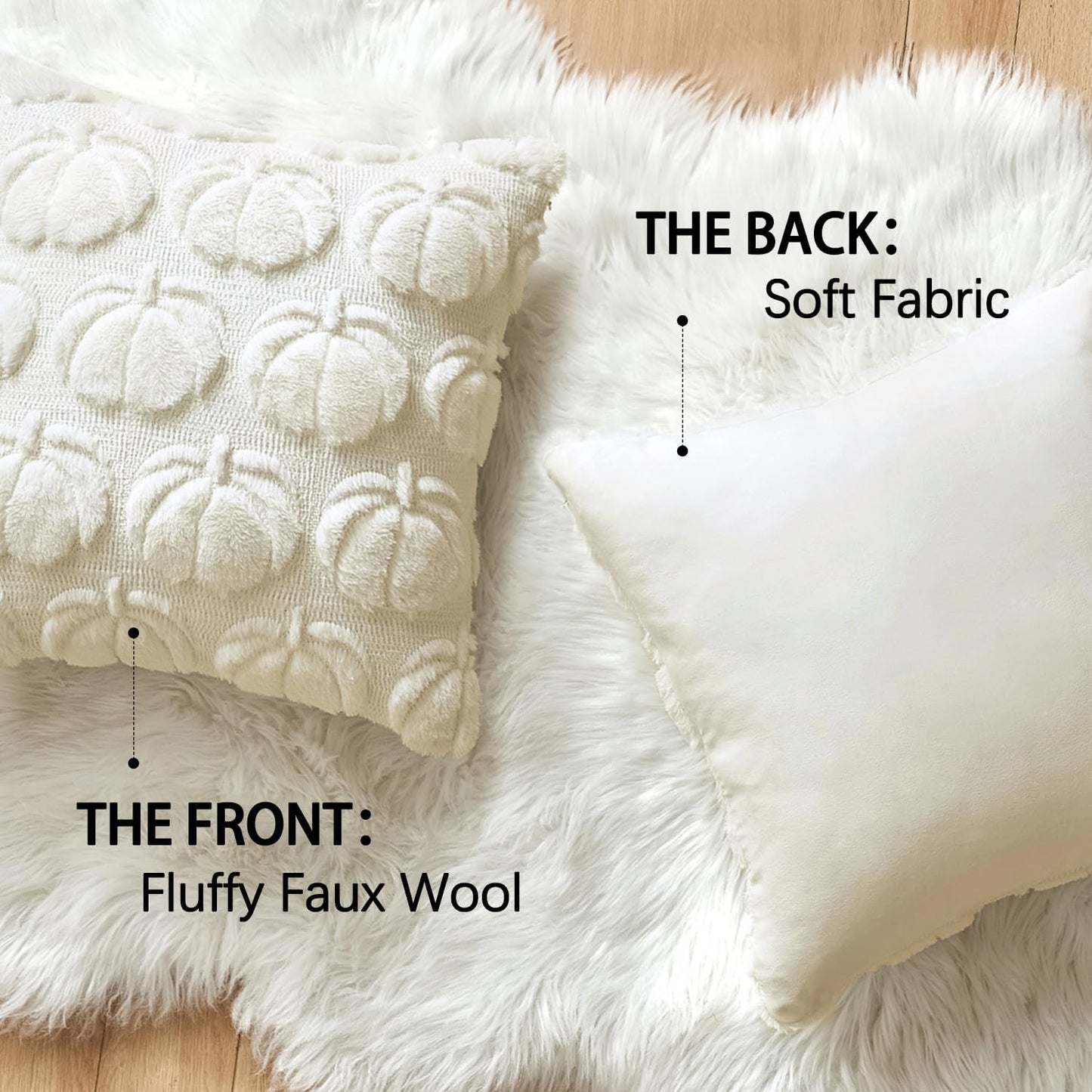 Autumn-Inspired Throw Pillow Covers 18x18 Set of 2 - Cream White Pumpkin Accent Pillowcases for Outdoor and Indoor Decor, Ideal for Sofa, Couch, Bed, and Living Room - Plush Faux Fur Halloween Farmhouse Home Accents