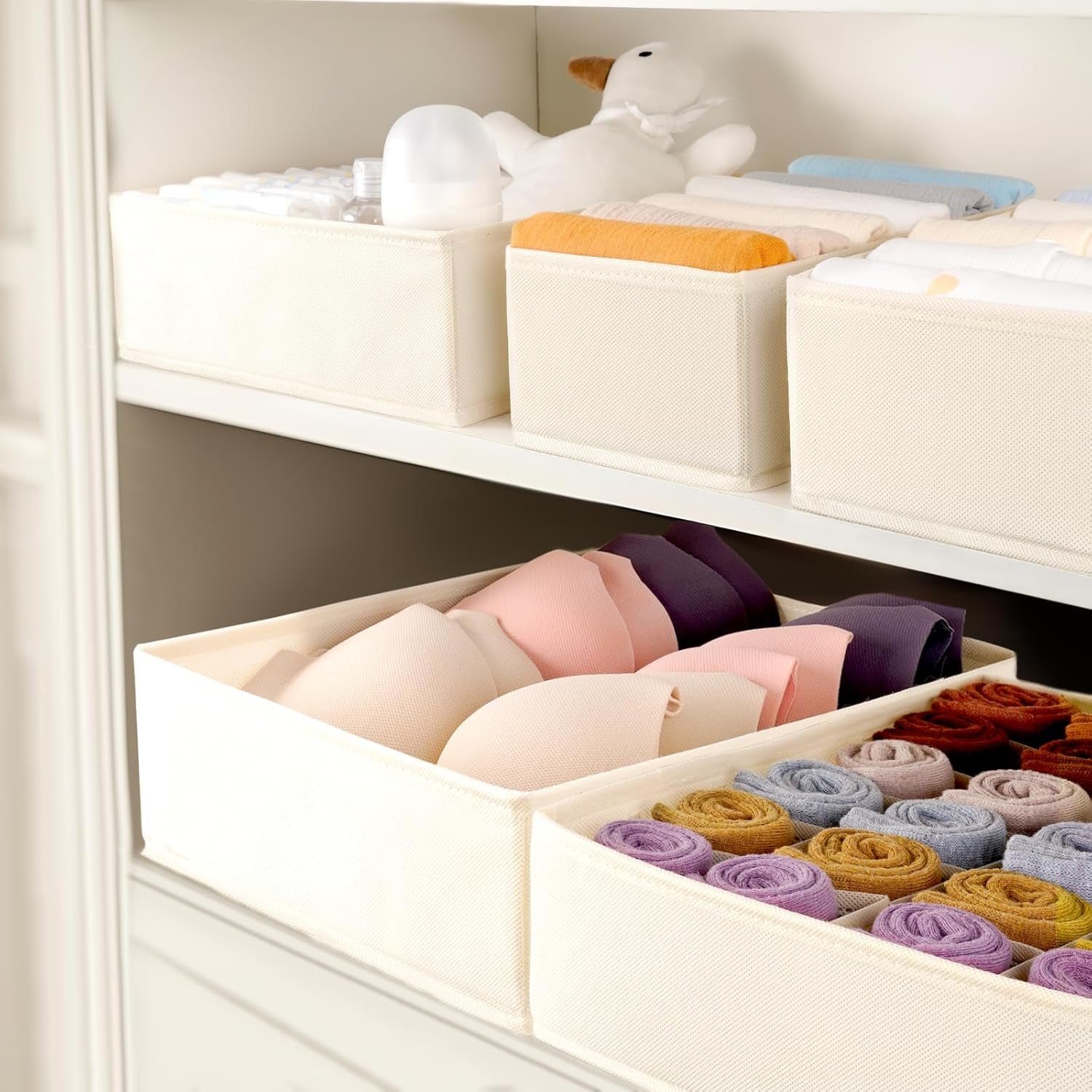 Underwear Sock Drawer Organizer Dividers 8 Set, Foldable Dresser Closet Organizers and Storage Bins for Baby Clothing, Sock, Underwear, Bra, Ties, Scarf (Beige)