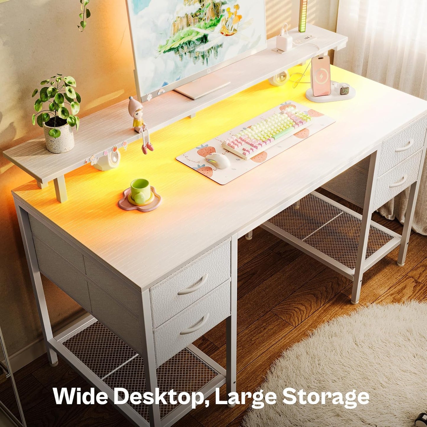 47-Inch Computer Desk with Four Drawers, LED Lighting, and Power Outlets - Spacious Home Office and Gaming Desk in White