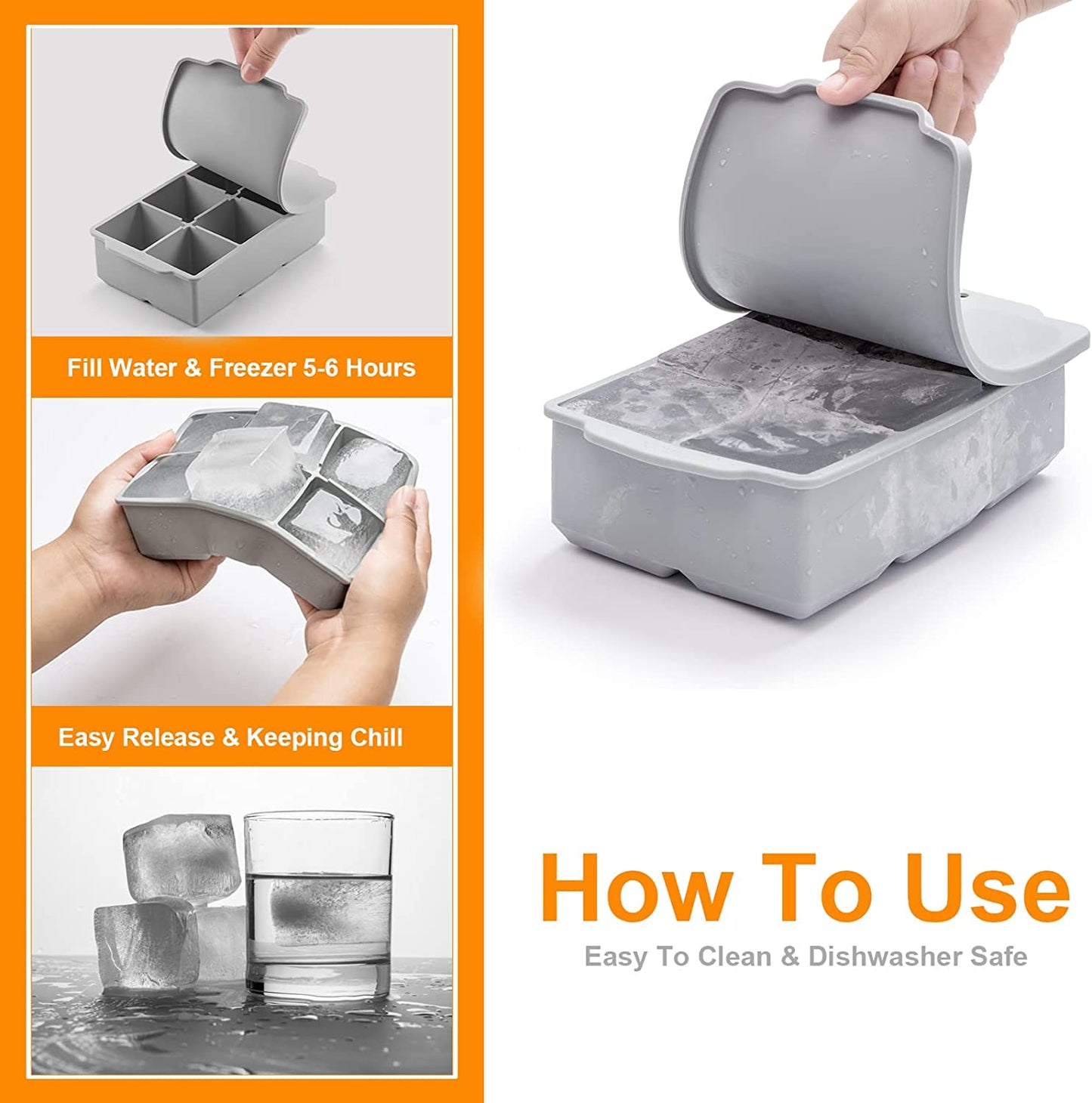 Large Ice Cube Tray with Lid, Stackable Big Silicone Square Ice Cube Mold for Whiskey Cocktails Bourbon Soups Frozen Treats, Easy Release BPA Free