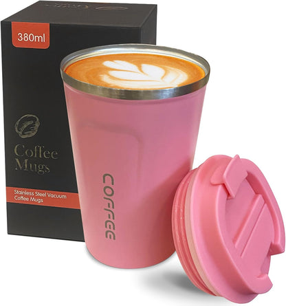 Insulated Travel Coffee Mug, Spill & Leak Proof, Portable to Go Camping Stainless Steel Coffee Tumbler, Reusable Thermal Coffee Cup with Lid for Hot & Cold Drinks (2Nd-Pink, 12 OZ)