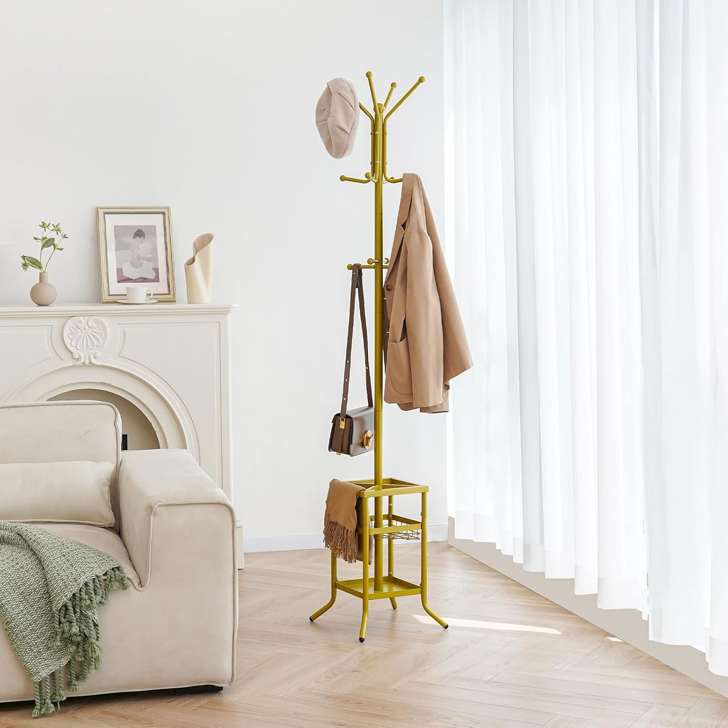 Coat Rack Freestanding, Coat Tree with Umbrella Holder, Metal Coat Rack Stand with 12 Hooks, Modern Coat Hanger Stand for Entryway, Purse Rack Hat Rack Stand for Living Room Bedroom Office