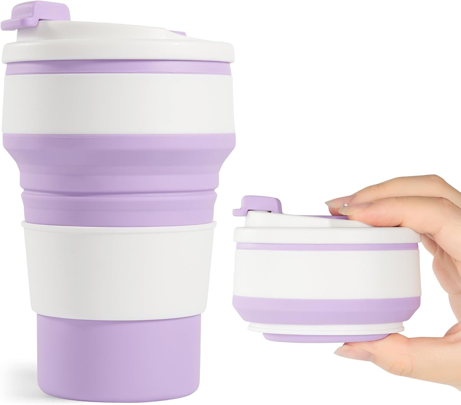 2Pcs Collapsible Cup for Traveling, Collapsible Silicone Travel Cup for Hot and 2 Drinks, Leak Proof Silicone Folding Travel Coffee Mug for Camping & Hiking, BPA Free 12Oz Purple&Pink
