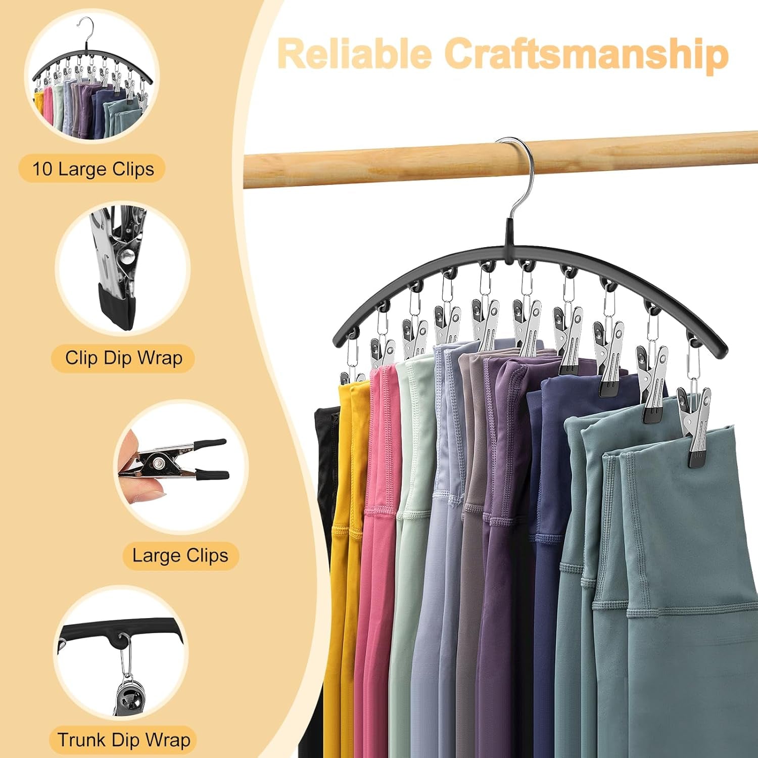 Legging Organizer for Closet, Metal Yoga Pants Hangers 2 Pack W/10 Clips Holds 20 Leggings, Space Saving Hanging Closet Organizer W/Rubber Coated Closet Organizers and Storage, Black