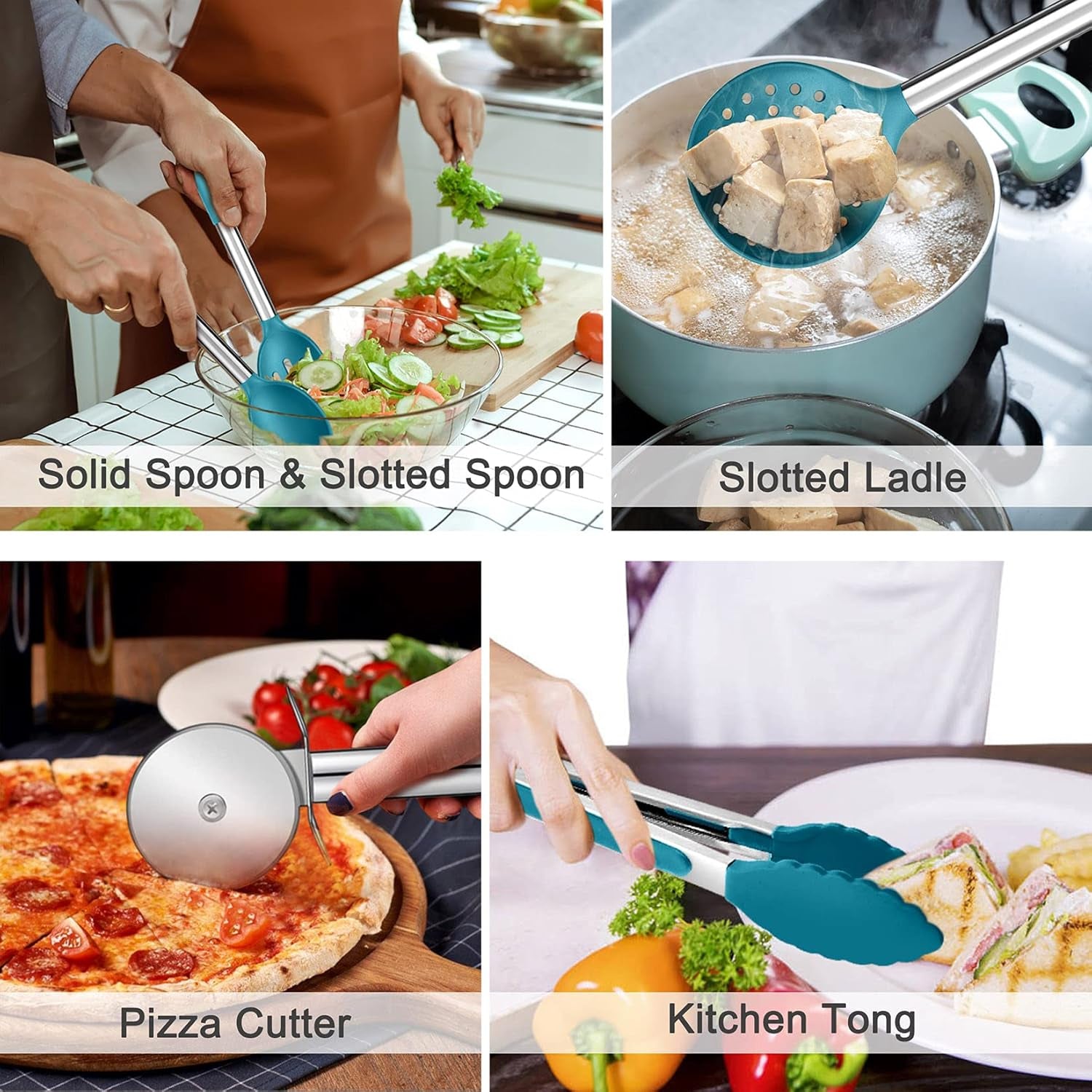 Kitchen Utensils Set of 10,  Heat-Resistant Silicone Cooking Utensil with Stainless Steel Handle, Include Turner,Spatula,Spoon,Tong,Pizza Cutter, Dishwasher Safe, Blue