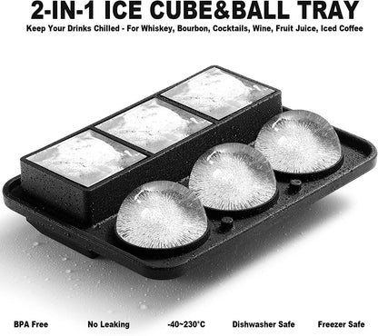 Ice Cube Molds Tray, Large Silicone Whiskey Ice Mold,2-In-1 round Sphere Ice Ball Maker & Square Ice Trays for Cocktails, Bourbon, Whiskey Gifts for Men from Daughter Wife Son Kids… Black