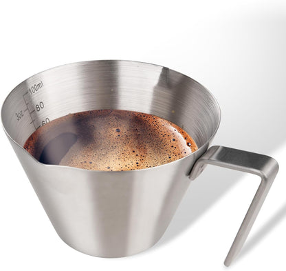 Espresso Cup with Handle, Stainless Steel Espresso Accessories, Double Spout Metal Measuring Cup with Dual Scale, Espresso Shot Pitcher with V-Shaped Mouth, 3.4OZ/100ML