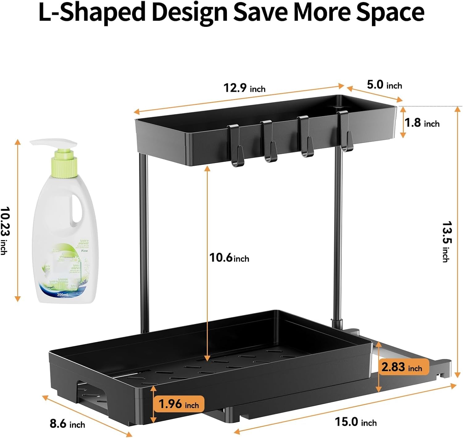 2 Pack under Sink Organizers and Storage, 2 Tier Pull Out Bathroom Cabinet Organizer, L-Shape Black under Bathroom Kitchen Sink Organizer with Drawer for under Sink Storage Organizer