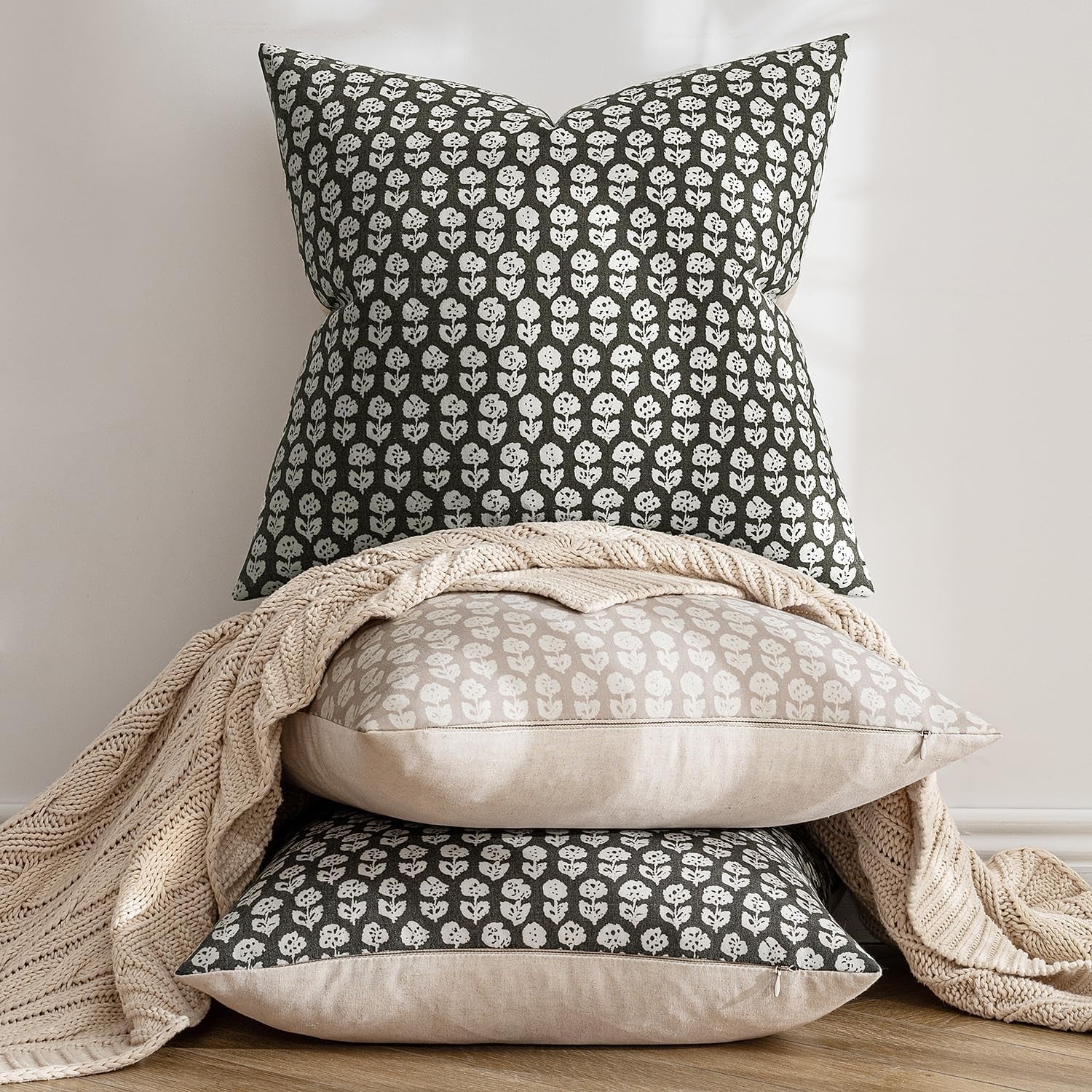 Set of 2 Vintage Floral Block Print Pillow Covers, 18x18 Inch Neutral Linen Farmhouse Cushion Cases for Couch, Sofa, Bed, and Chair in Black
