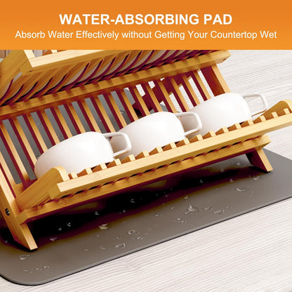 Bamboo Dish Drying Rack with Utensil Holder, 3 Tier Collapsible Dish Rack, Wooden Dish Racks for Kitchen Counter, Large Folding Drying Holder with Absorbent Dish Drying Mat