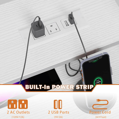 47'' White Computer Desk with 3 Drawers Hutch, LED Lights, Home Office Desks, Gaming Table with Monitor Stand, 2AC Power Outlets and 2 USB Ports, Modern Work Study Table for Bedroom