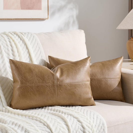 2 Packs Tan Boho Lumbar Faux Leather Decorative Throw Pillow Covers 12X20 Inch for Couch Bed Sofa, Cross Patchwork Textured Rectangle Beige Cushion Case, Western Modern Farmhouse Home Decor