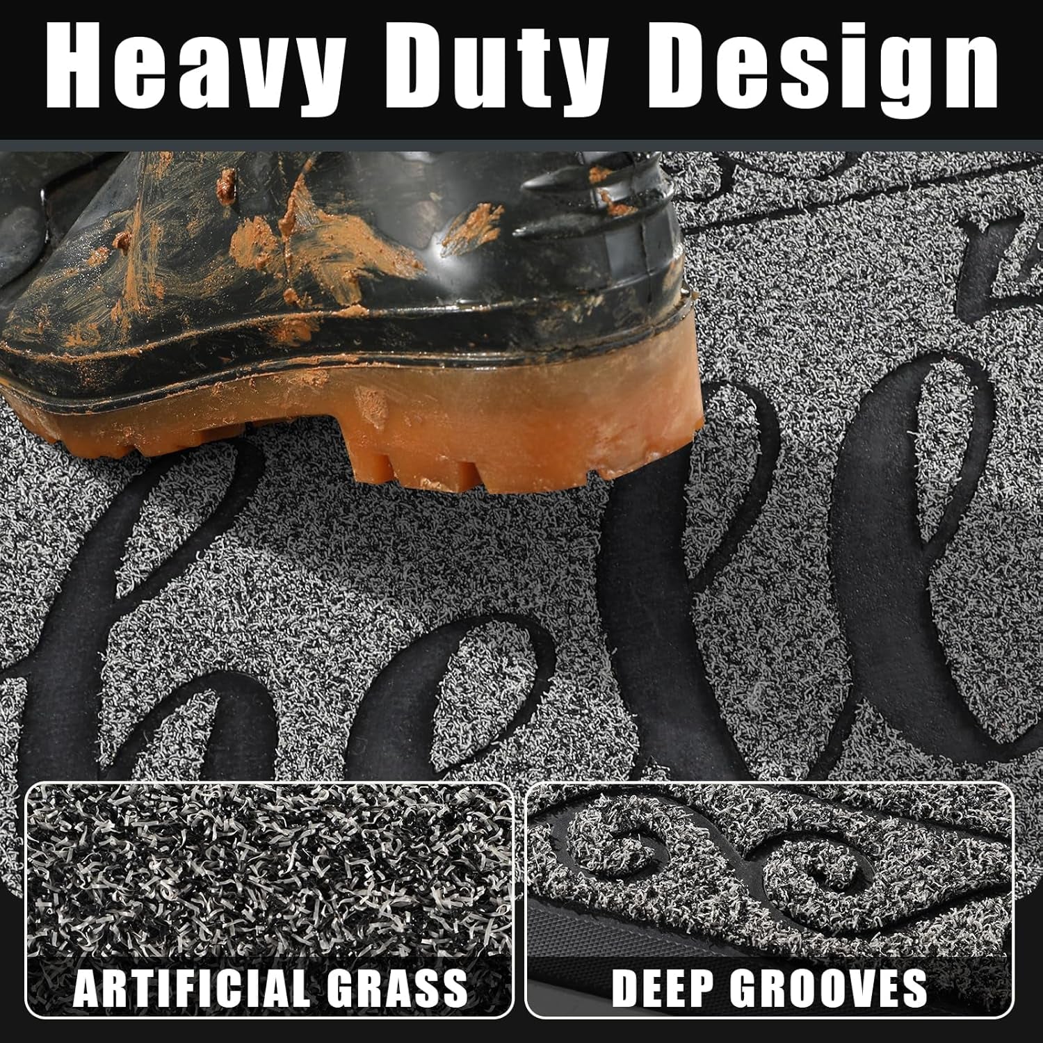 Hello Door Mat Outdoor Indoor, 100% Waterproof All-Season Welcome Mat, Washable Heavy Duty Front Door Mat, Stain and Fade Resistant, Low Profile, Easy Clean, 29.5 X 17, Black Gray