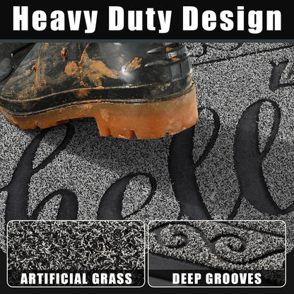 Hello Door Mat Outdoor Indoor, 100% Waterproof All-Season Welcome Mat, Washable Heavy Duty Front Door Mat, Stain and Fade Resistant, Low Profile, Easy Clean, 29.5 X 17, Black Gray