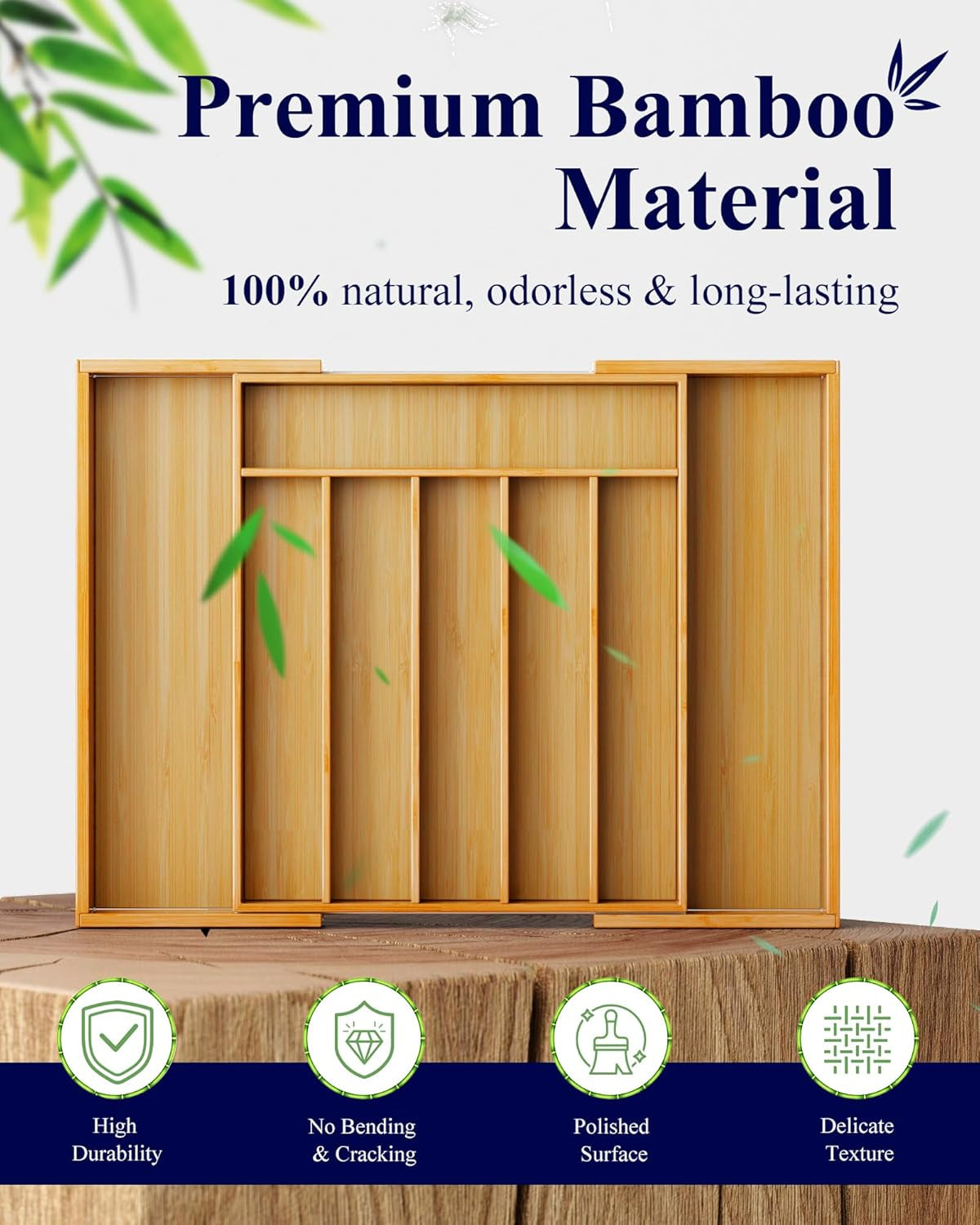 Large Bamboo Silverware Organizer - Expandable Drawer Organizer for Utensil, Cutlery and Flatware, Kitchen Storage Solution with 6 to 8 Slots, Natural, 18.7" × 12.8" × 1.8"