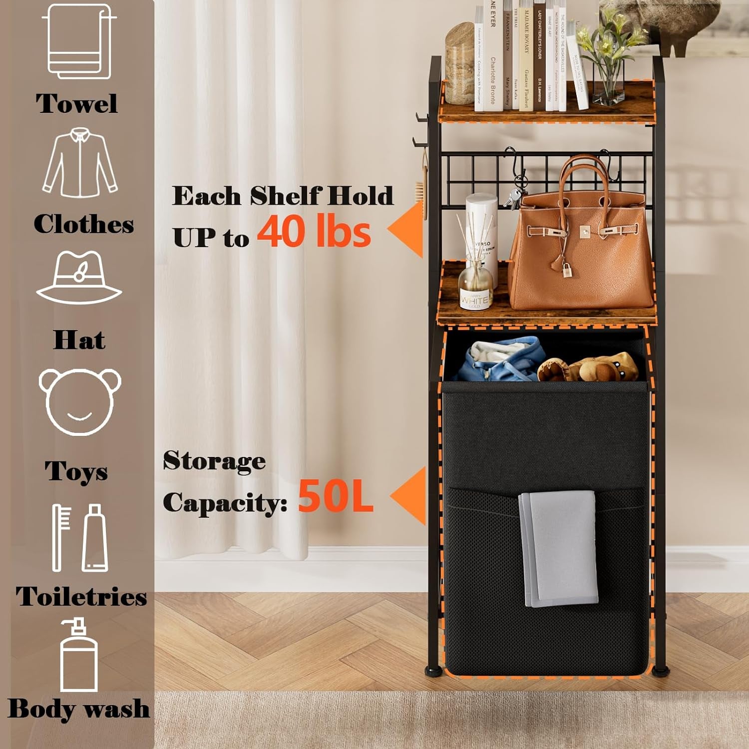 2-Tier Laundry Hamper with Wooden Shelf and Hooks, Vertical Design with Pull-Out Removable Bag, Divided Clothes Storage for Bathroom, Bedroom, and Dormitory