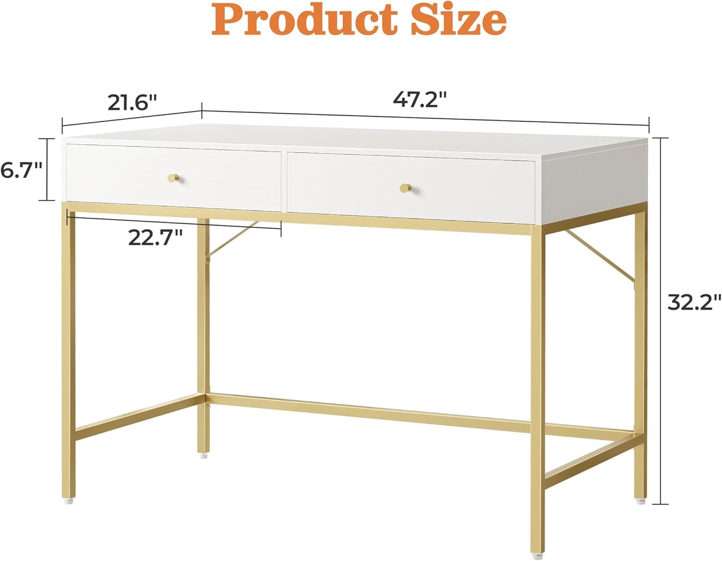 Modern 47-Inch Vanity Desk with Drawers - White and Gold Makeup Dressing Table and Home Office Desk