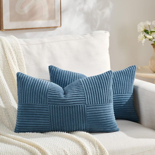 Set of 2 Dusty Blue Lumbar Boho Decorative Throw Pillow Covers 12X20 Inch for Living Room Bedroom Couch, Modern Farmhouse Home Decor, Soft Striped Patchwork Plaid Corduroy Cushion Case