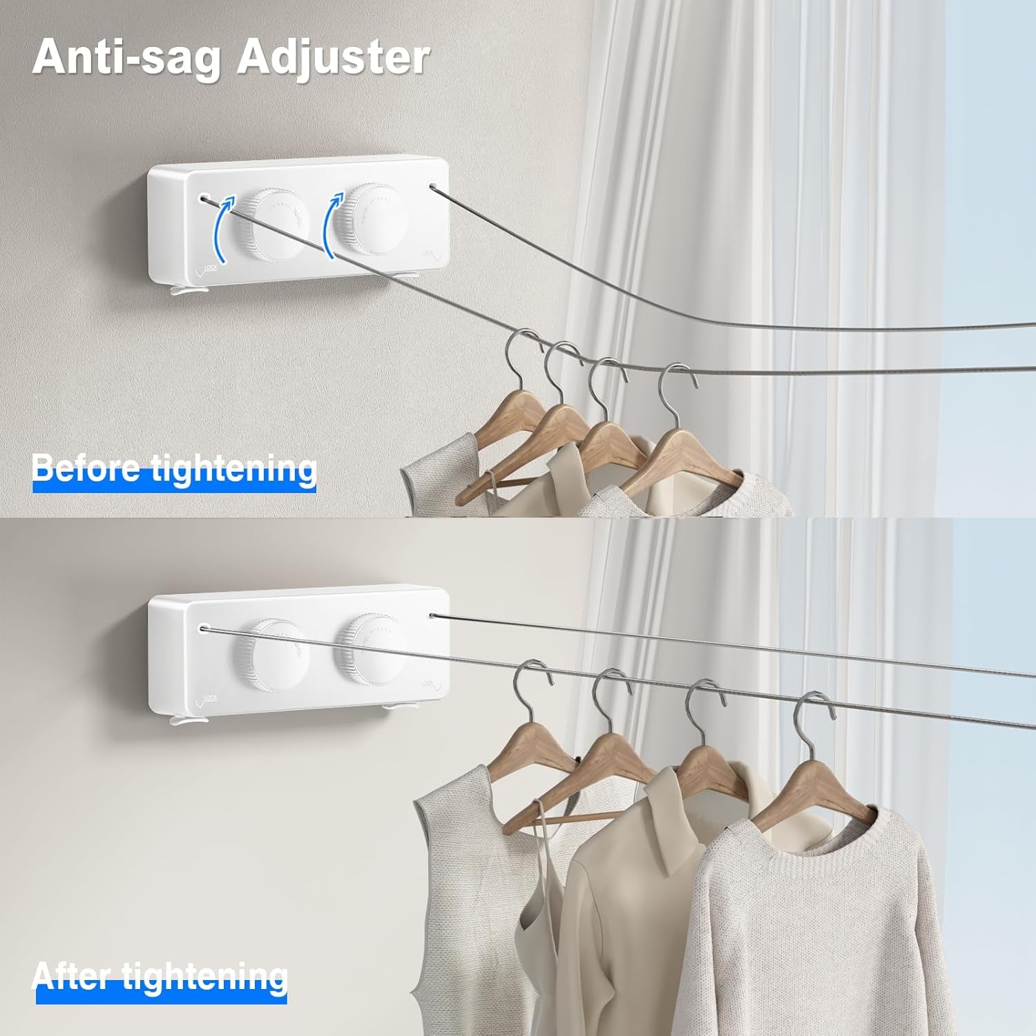 Retractable Clothesline Indoor, Non-Sagging Twin Clothes Line Retracting Outdoor Heavy Duty Clothes Drying Laundry Line Wall Mounted Stainless Steel Double Line-13.8 Ft(White)