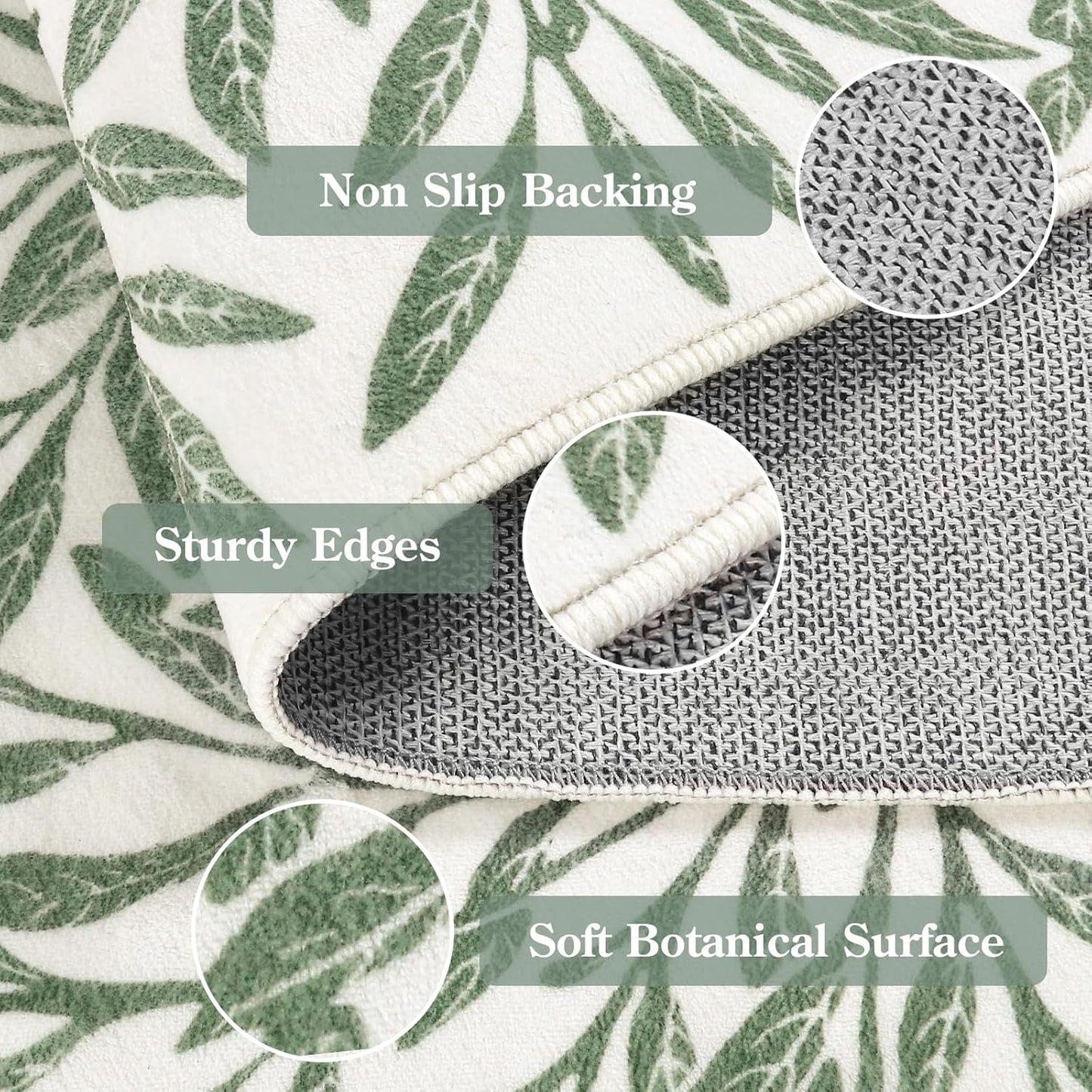 Botanical Boho Green Kitchen Runner, Non Skid, Washable Leaf Carpet for Hallway 8Ft, Non Shedding Modern Rug for Entryway Porch (2'5''X8'')