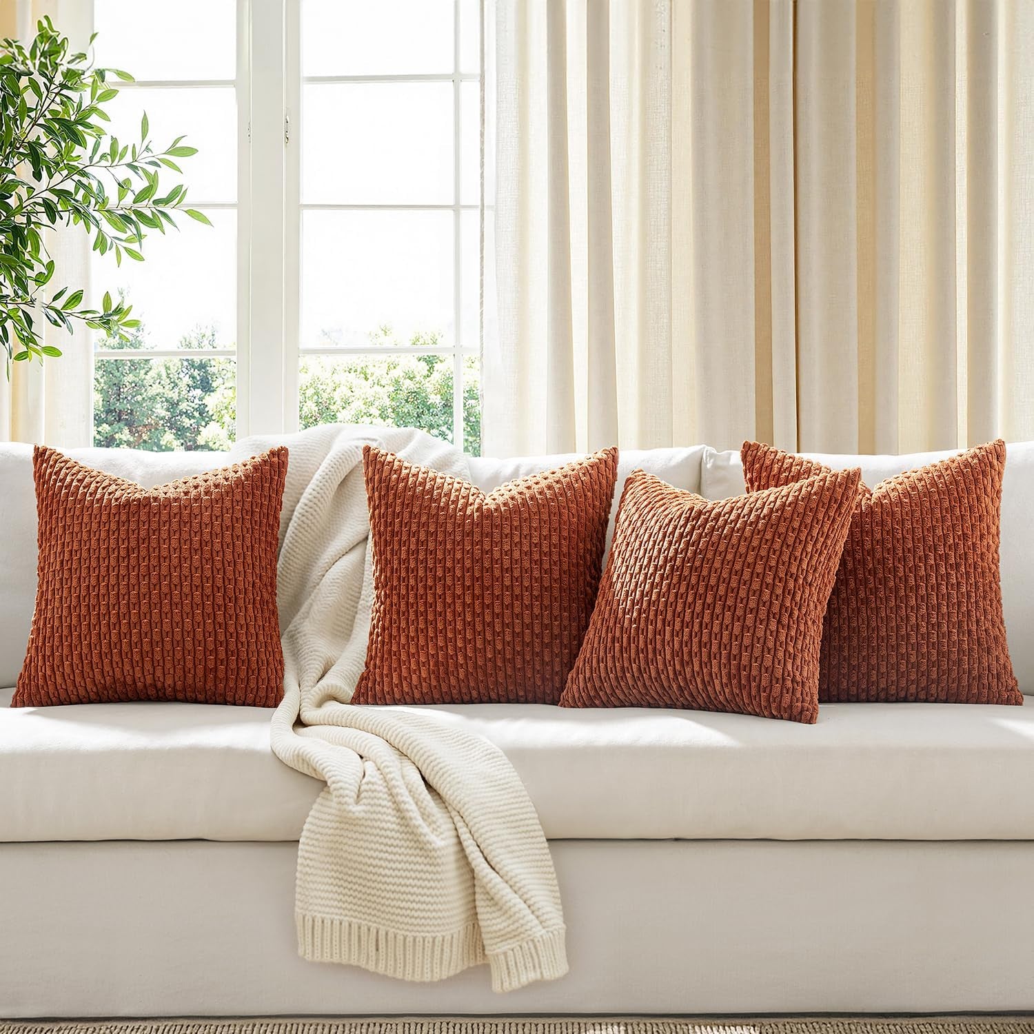 Fall Throw Pillow Covers Soft Couch Decorative Set of 4 Boho Striped Cushion Covers Corduroy Pillowcases Farmhouse Home Decor for Couch Bed Sofa Living Room 18X18 Inch Burnt Orange