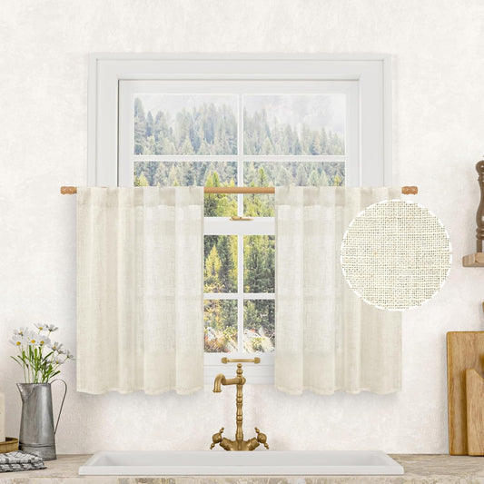Short Linen Kitchen Window Curtains 36 Inch Length, over Sink Semi Sheer Light Filtering Panels Back Tab and Rod Pocket Drapes for Basement Bathroom Window, 2 Panels, Cream Ivory，34 X 36 Inch