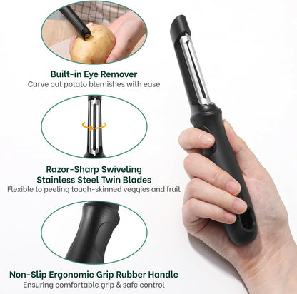 Swivel Vegetable Peeler, Razor-Sharp Smooth Peeling Stainless Steel Blades, Ergonomic Comfort Non-Slip Rubber Handle, Durable Kitchen Peeler Tool with Potato Eye Remover, Dishwasher Safe, Black