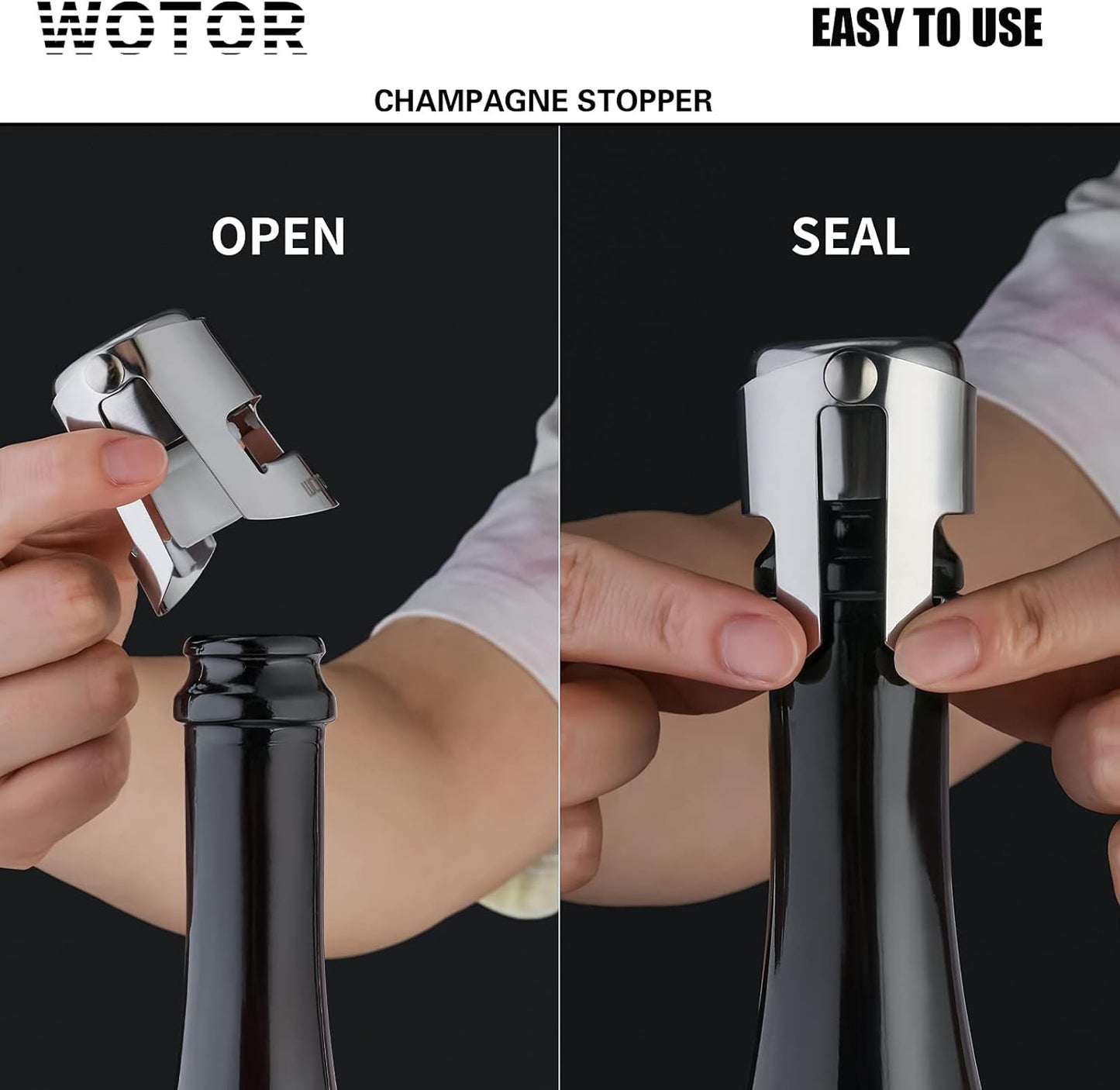 Champagne Stoppers Stainless Steel, Prosecco Bottle Stopper with Food Grade Silicone, Reusable Champagne Cork & Saver, Leak Proof Keep Fresh (Silver, 2 Pack)