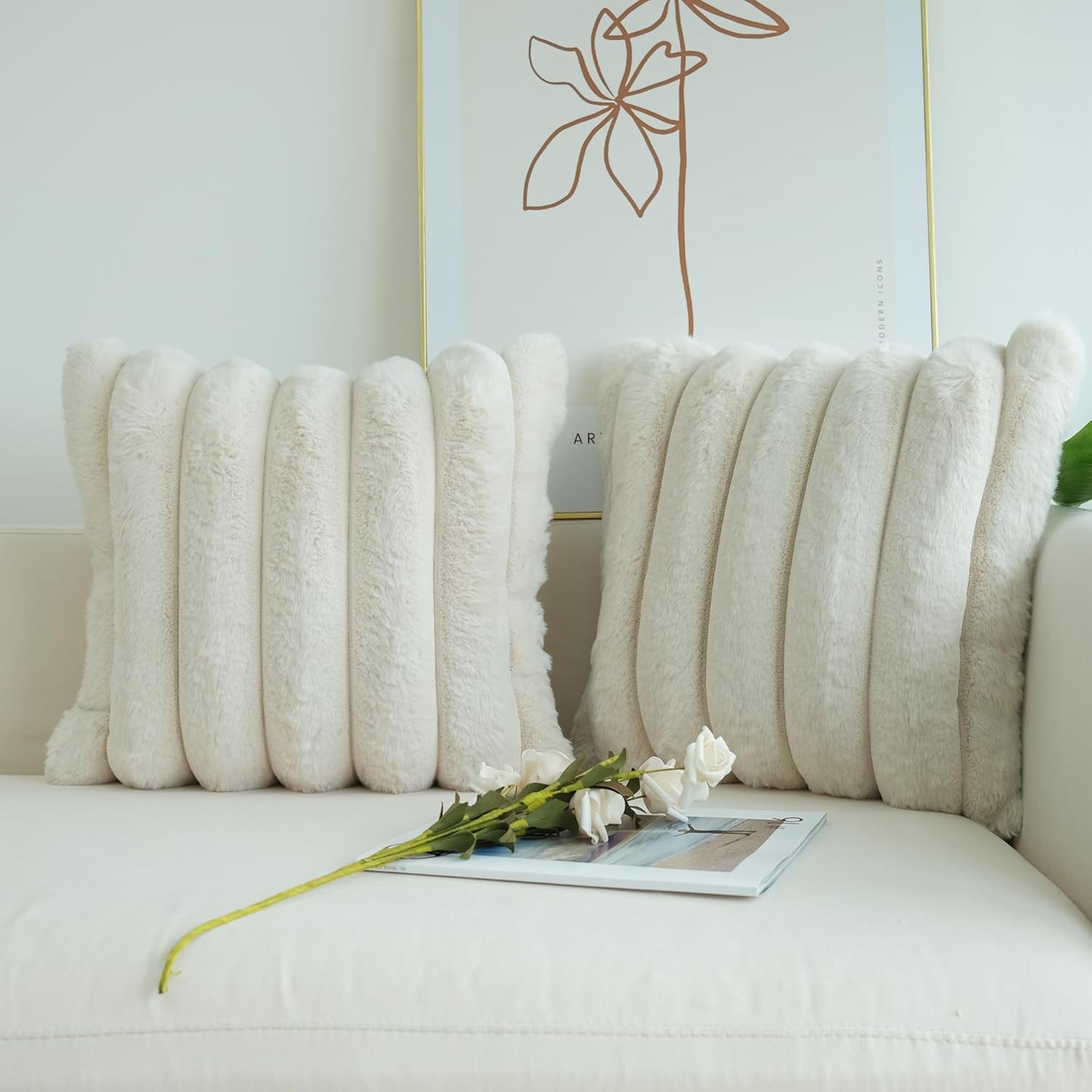 Pack of 2 Faux Fur Plush Decorative Throw Pillow Covers Couch Cushion Case Soft Fluffy Pillowcases Wide Stripe (Beige, 18 X 18 Inch)