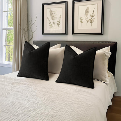 Pack of 2 Black Decorative Pillow Covers 18X18 Inch Soft Chenille Luxurious Couch Throw Pillows Farmhouse Cushion Covers with Elegant Design for Sofa Bedroom Living Room Home Decor