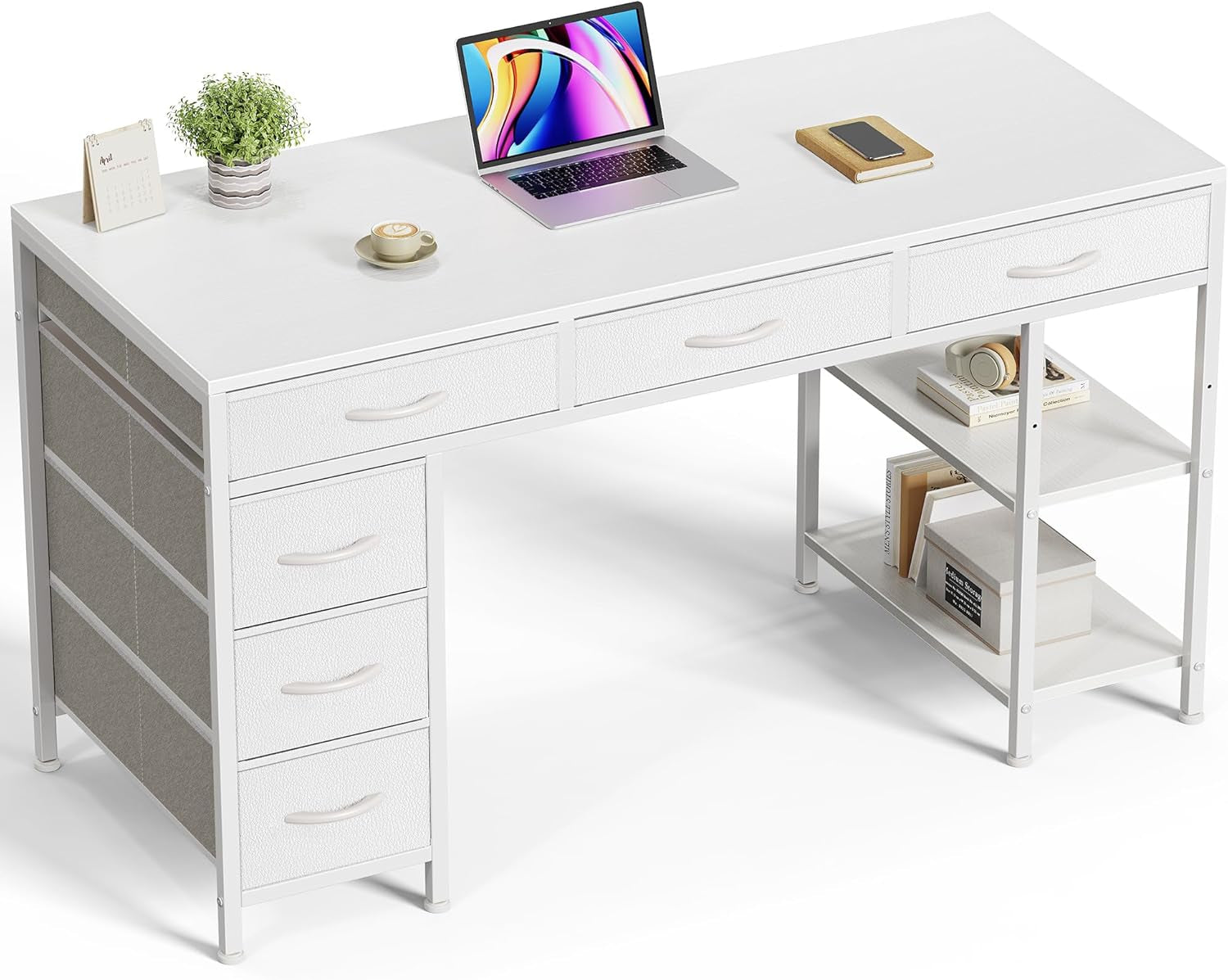 47-Inch Computer Desk with 6 Drawers and Shelves, Reversible Corner Desk for Home Office, Study, and Living Room, White
