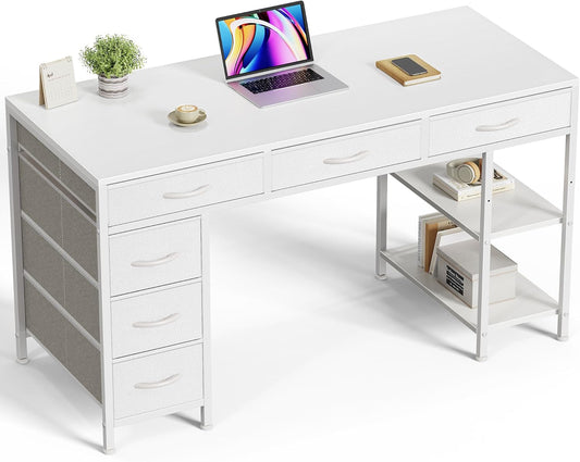 47-Inch Computer Desk with 6 Drawers and Shelves, Reversible Corner Desk for Home Office, Study, and Living Room, White