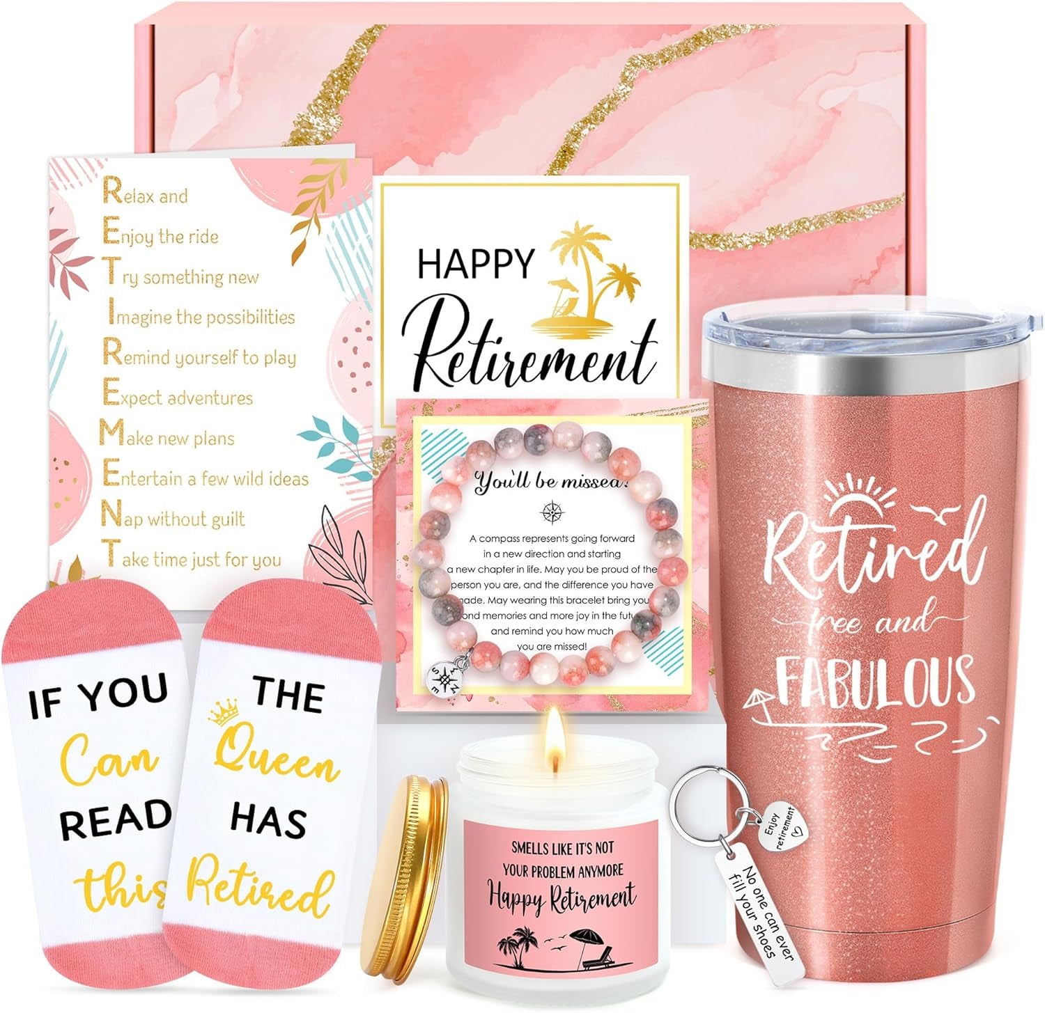 Elegant Retirement Gift Basket for Women 2025 - Thoughtful Retirement Presents for Coworkers, Teachers, Nurses, Bosses, Friends, Moms, and Grandmothers, Featuring a 20oz Tumbler, Greeting Card, and "The Queen Has Retired" Socks