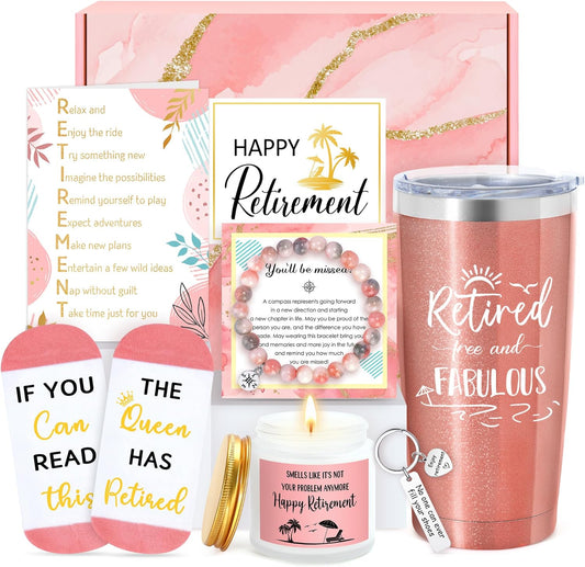 Elegant Retirement Gift Basket for Women 2025 - Thoughtful Retirement Presents for Coworkers, Teachers, Nurses, Bosses, Friends, Moms, and Grandmothers, Featuring a 20oz Tumbler, Greeting Card, and "The Queen Has Retired" Socks