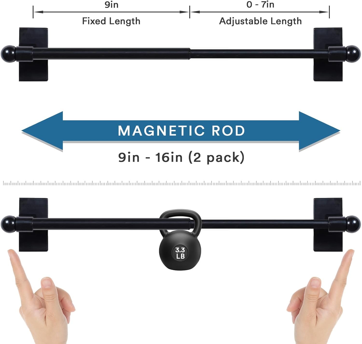 2 PACK Magnetic Curtain Rods for Metal Doors Top and Bottom Multi-Use Adjustable Appliances for Iron and Steel Place, Petite Ball Ends, 9 to 16 Inch, 1/2 Inch Diameter, Black