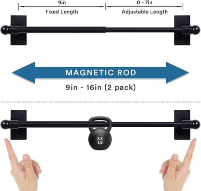 2 PACK Magnetic Curtain Rods for Metal Doors Top and Bottom Multi-Use Adjustable Appliances for Iron and Steel Place, Petite Ball Ends, 9 to 16 Inch, 1/2 Inch Diameter, Black