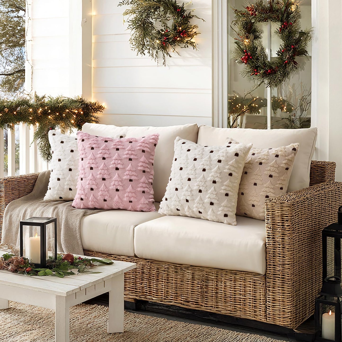 Christmas Tree Decorative Pillow Covers Faux Fur Wool Throw Pillows Soft Plush Cushion Covers Set of 2 Xmas Home Decor Winter Holiday for Sofa Couch Livingroom Bed 18X18 Inch Cream