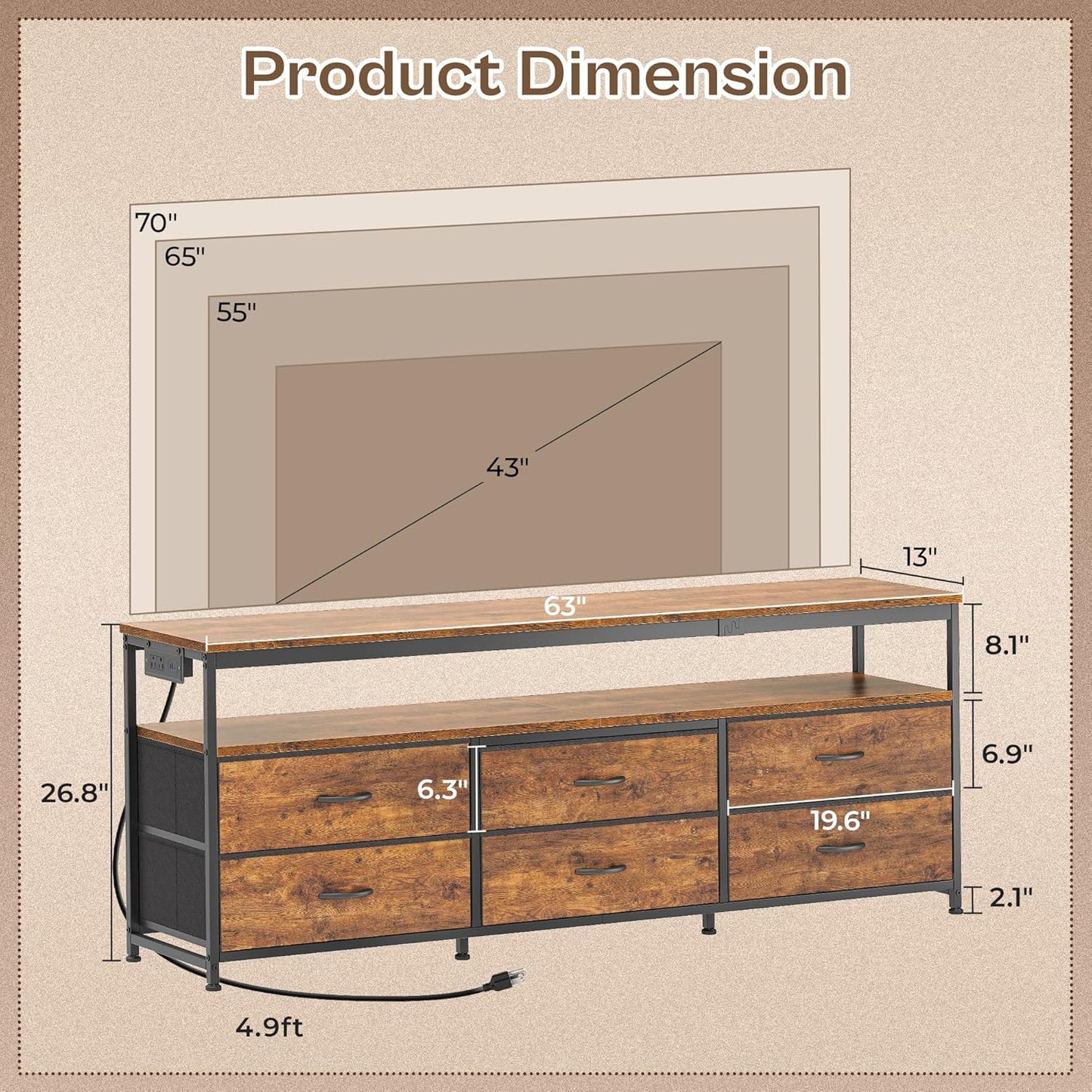 63-Inch TV Stand for 55 to 70 Inch TVs, Rustic Entertainment Center with Power Outlets and Fabric Drawer Storage for Bedroom and Living Room