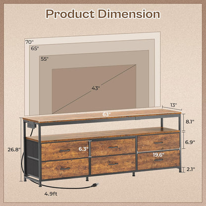 63-Inch TV Stand for 55 to 70 Inch TVs, Rustic Entertainment Center with Power Outlets and Fabric Drawer Storage for Bedroom and Living Room