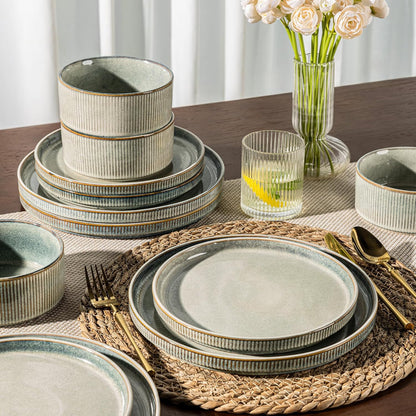 Stoneware Dinnerware Set for Four - Round Reactive Glaze Ceramic Plates and Bowls, 12-Piece Set, Highly Scratch Resistant, Dishwasher and Microwave Safe